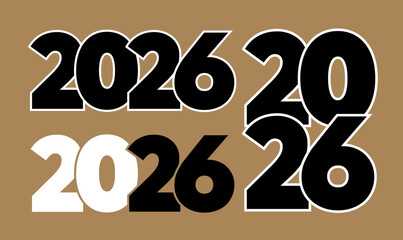 Bold 2026 typography design in black and white on brown background, modern graphic style for posters, banners, logos, and creative projects