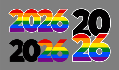 Bold 2026 typography with rainbow pride colors and modern graphic design, symbolizing LGBT pride, diversity, equality, and celebration
