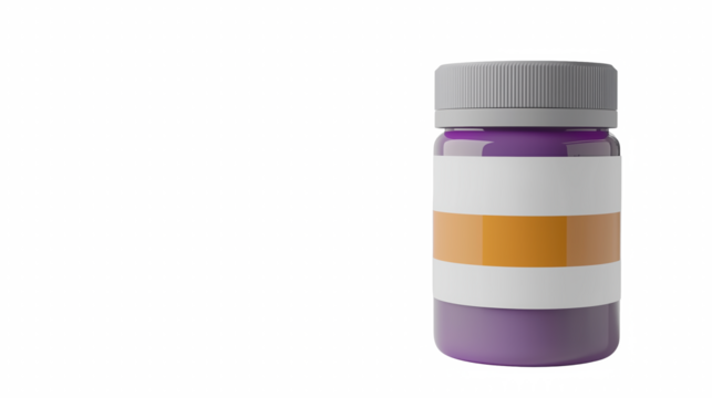 Purple bottle with orange label and grey cap right copy space - Powered by Adobe