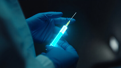 Closeup of gloved hands holding a glowing blue syringe