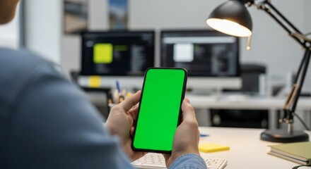 Over the shoulder view of a person using a smartphone with a green screen in a modern office setting.
