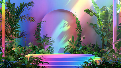 Tropical oasis with a circular arch and vibrant rainbow lighting
