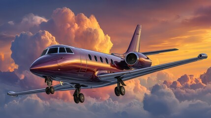 Obraz premium Sleek private jet soars through dramatic sunset clouds