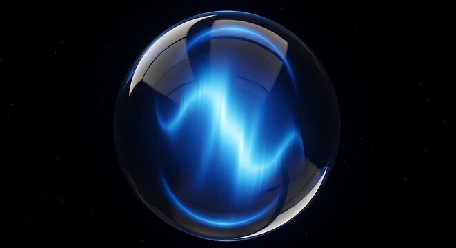 Abstract Blue Light Wave in a Glass Sphere on a Dark Background.