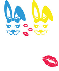 Cute bunny faces with kiss marks and bunny kisses text