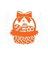 Happy easter basket with decorated eggs and festive border