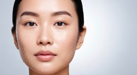 Obraz premium Close up of a healthy asian woman face with clear skin and water drops, representing hydrating skincare and natural beauty for cosmetic advertising.