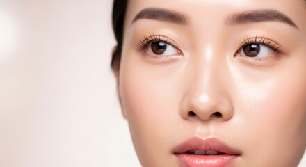 Fototapeta premium Woman's face with clean, healthy skin. Closeup of beautiful Asian girl with natural makeup looking right. Beauty, cosmetic, skincare concept.