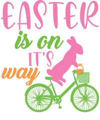 Easter bunny riding a bicycle with basket full of eggs