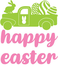 Happy easter truck with easter eggs and bunny illustration