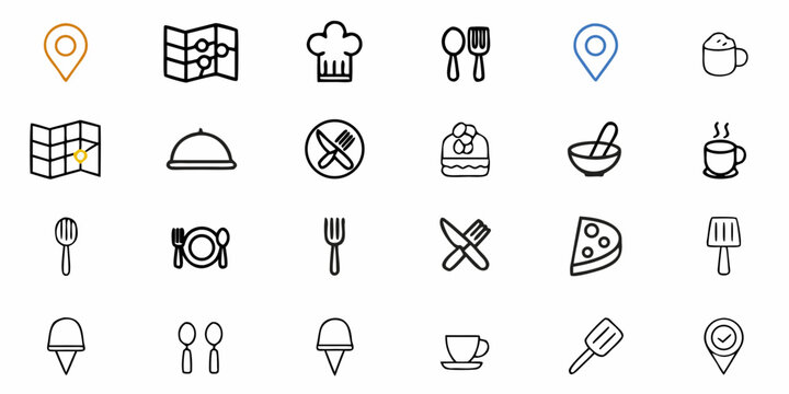 Explore local dining, find restaurants and cafes near you with this modern icon set, perfect for food apps, travel guides, and culinary blogs, originally vector graphics