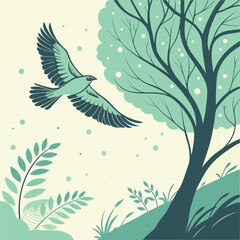 Obraz premium Stylized bird flying near a tree with leaves nature