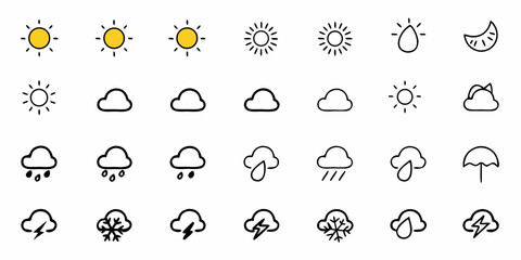 Weather Forecast Icons for App Design, Website Interface, or UI Elements: Sun, Clouds, Rain, Storm, Moon, Showers and More for a Modern Design