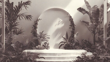 Tropical archway with stairs and lush foliage