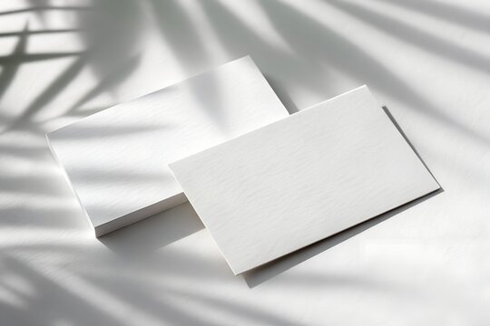 Two blank white business cards with palm leaf shadows