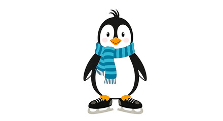 Cute penguin wearing a scarf and ice skates isolated on white background