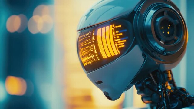 Close-up of a robot's face featuring a clock as part of its design, suitable for tech-related and futuristic concepts