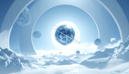 A futuristic ethereal landscape with floating orbs, ringed planet, snowy peaks, and celestial rings against a pale blue, serene backdrop