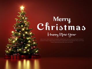 Christmas greeting card with decorated tree and festive message.