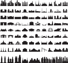 Collection of black building silhouettes various shapes and sizes on white background architecture