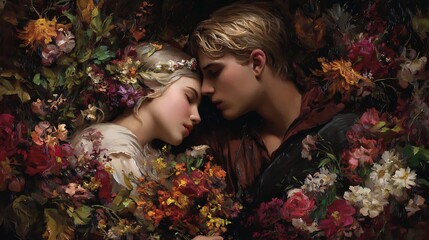 A romantic painting of lovers surrounded by flowers