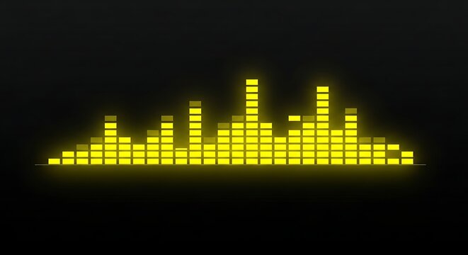 Vibrant yellow illuminated digital audio equalizer bars on a dark background displaying sound wave patterns and music visualization in a modern abstract style