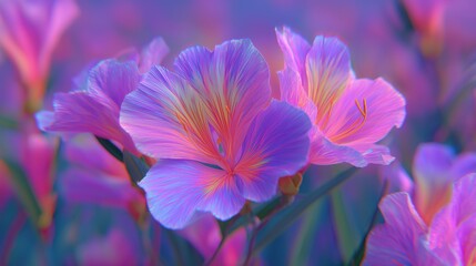 Surreal 3D neon flowers with digital glitch accents growing in dreamlike meadow scene