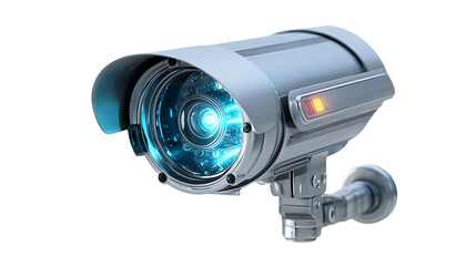 Modern security camera with blue light isolated on transparent background