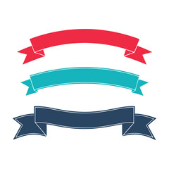 Three curved ribbons red teal and navy blue with white outlines banner