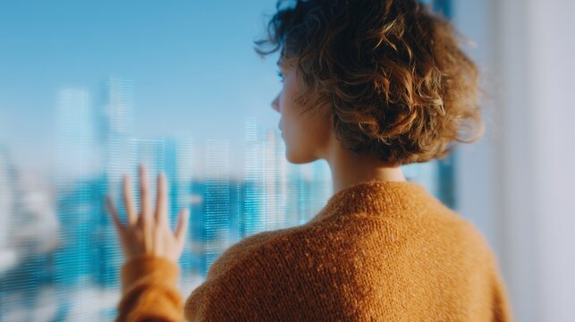 Woman reaching toward holographic city grids in modern apartment futuristic digital skyline