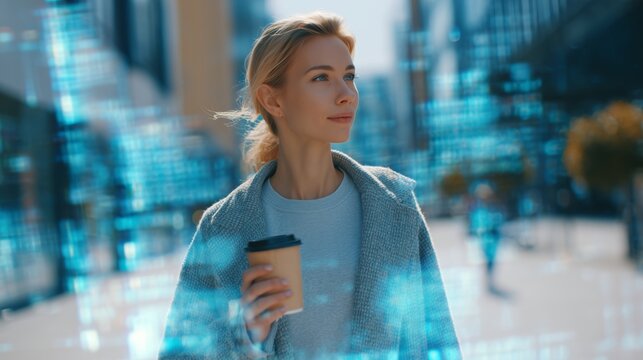 Woman walking in city with coffee and holographic maps futuristic urban lifestyle scene - Powered by Adobe