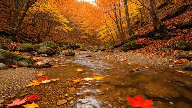 Serene timelapse of a small stream winding through an autumn forest, with fallen leaves carried downstream by the gentle current autumn forest, serene, water