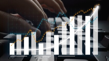 This image features a close-up of hands typing on a keyboard, with overlay graphs demonstrating financial growth trends and data visualization in a professional workspace. Copula