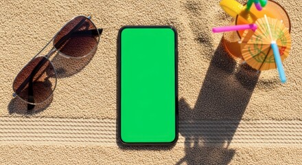 Smartphone with green screen on beach towel with sunglasses and cocktail, top view.
