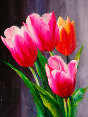 A realistic oil painting of a bouquet of tulips, with voluminous petals painted with a palette knife.