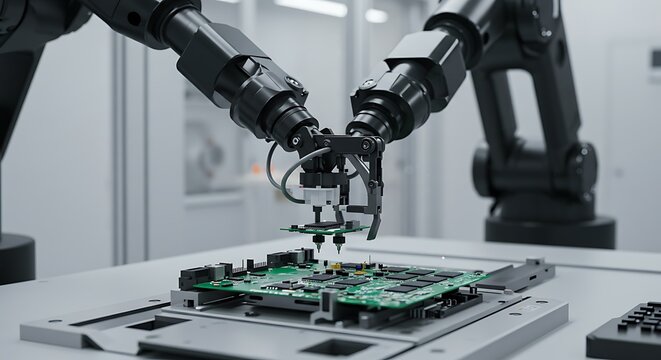 See advanced automation in action with robotic arms assembling a circuit board with precision and efficiency, perfect for illustrating modern manufacturing