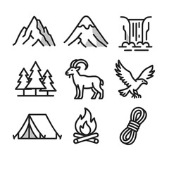 Obraz premium Rocky icon waterfall pine mountain snow vector cap rope forest collection