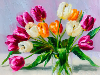 A realistic oil painting of a bouquet of tulips, with voluminous petals painted with a palette knife.