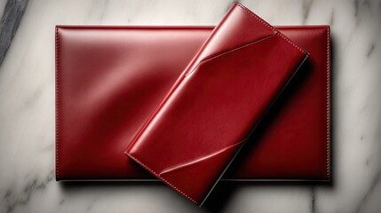 Two red leather wallets on marble surface