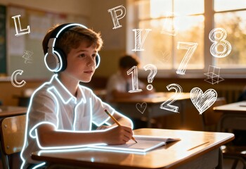 Neurodivergent kid boy with headphones glowing in yellow outline smiling and writing in classroom surrounded by floating math symbols expressing focus and learning support
