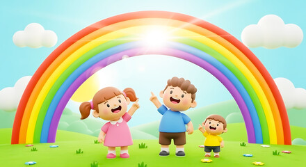 Obraz premium Three happy cartoon children under a bright rainbow