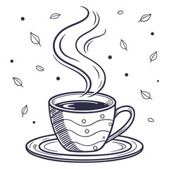 A charming hand drawn illustration of a steaming cup of coffee or tea with decorative dots and leaves floating around it