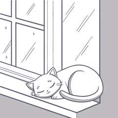 A cute cartoon cat peacefully sleeping curled up on a windowsill with a window reflecting light and sparkles outside
