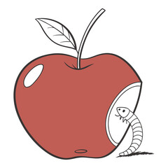 A cute cartoon worm peeking out of a bite taken from a red apple with a leaf and stem on a white background