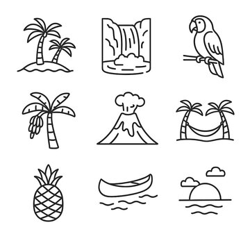 Parrot beach tropical vector set volcano banana hammock canoe sunset pineapple icon