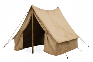 Vintage canvas tent providing temporary shelter for outdoor adventures and wilderness camping on transparent background