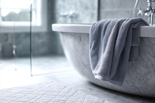 Luxurious bathroom scene shows a marble tub with a towel draped over it, beside a glass shower