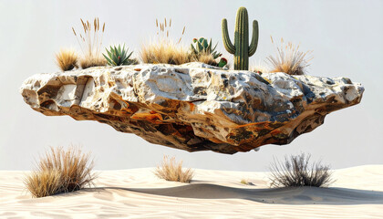 floating sandstone with cactus and dry grass, surreal isolated