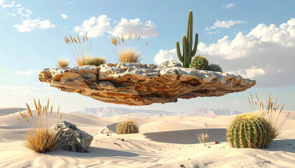 floating sandstone with cactus and dry grass, surreal isolated