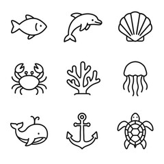 Ocean turtle anchor coral icons vector sea dolphin life jellyfish crab whale